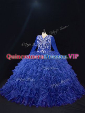 Royal Blue V-neck Lace Up Beading and Ruffled Layers 15 Quinceanera Dress Long Sleeves