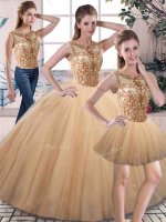 Sumptuous Gold Sleeveless Tulle Lace Up Quinceanera Dress for Military Ball and Sweet 16 and Quinceanera