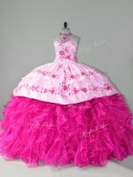 Most Popular Hot Pink Quinceanera Dress Organza Court Train Sleeveless Embroidery and Ruffles