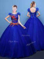 Romantic Scoop Royal Blue Short Sleeves Appliques Floor Length Quince Ball Gowns