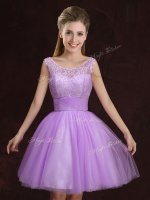Fabulous Scoop Sleeveless Mini Length Lace and Ruching Lace Up Vestidos de Damas with Lilac(SKU BMT0211ABIZ)