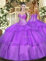 Lilac Sleeveless Floor Length Beading and Ruffled Layers Lace Up Ball Gown Prom Dress
