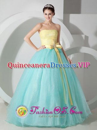 Sortland Norway Aqua Blue and Yellow Ball Gown Strapless Floor-length Organza Sash and Ruch Quinceanea Dress