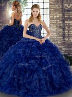 New Style Royal Blue Ball Gowns Beading and Ruffles Sweet 16 Dress Lace Up Organza Sleeveless Floor Length