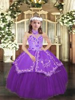 Dazzling Eggplant Purple Lace Up Halter Top Embroidery Girls Pageant Dresses Tulle Sleeveless(SKU PAG1070-1BIZ)
