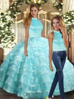 Sleeveless Organza Floor Length Backless Quinceanera Dresses in Aqua Blue with Beading and Ruffled Layers(SKU SJQDDT1683009BIZ)
