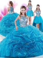 New Style Four Piece Aqua Blue Zipper Sweet 16 Quinceanera Dress Ruffles and Pick Ups Sleeveless With Train Court Train