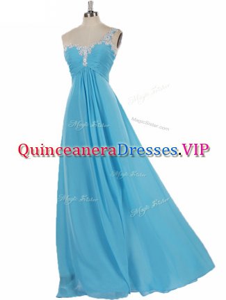 Aqua Blue Chiffon Zipper Quinceanera Court Dresses Sleeveless Floor Length Appliques