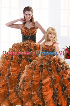 Low Price Orange Ball Gowns Organza Sweetheart Sleeveless Beading and Appliques and Ruffles Floor Length Lace Up Vestidos de Quinceanera