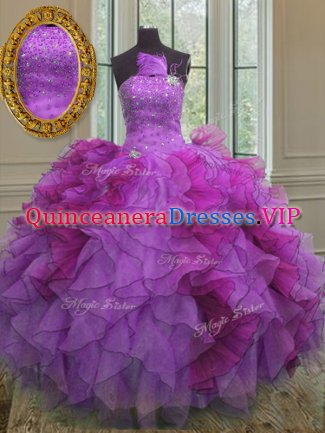 Fantastic Sleeveless Organza Floor Length Lace Up 15 Quinceanera Dress in Multi-color with Beading and Ruffles