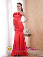 Bradenton FL Strapless Mermaid Red Court Train Satin Quinceanera Dama Dress With Hand Made Flower(SKU PDHXQ035BIZ)