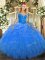 Fitting Scoop Long Sleeves Quinceanera Dresses Floor Length Lace and Ruffles Blue Organza