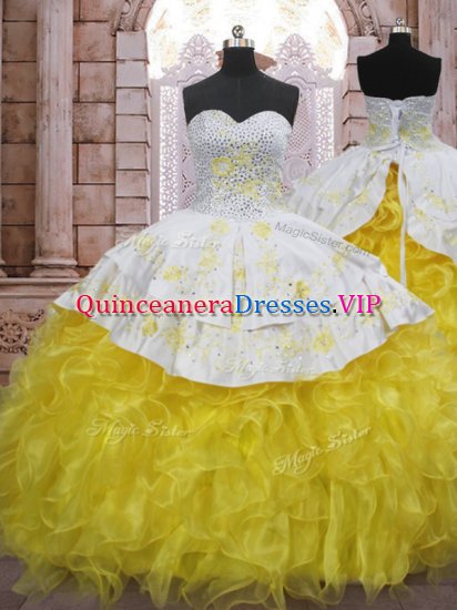 High Quality Yellow And White Lace Up Sweet 16 Quinceanera Dress Beading and Appliques and Ruffles Sleeveless Brush Train - Click Image to Close