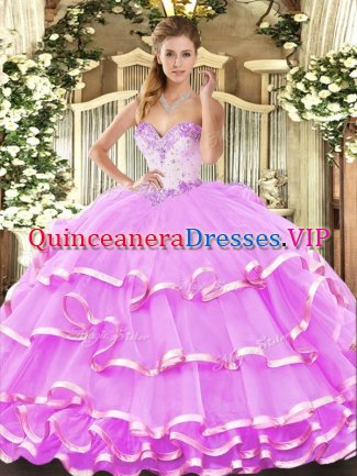 Fancy Floor Length Lilac Sweet 16 Quinceanera Dress Organza Sleeveless Beading and Ruffled Layers