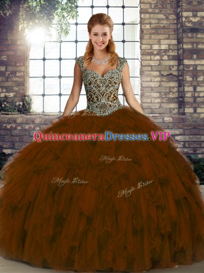 Classical Organza Straps Sleeveless Lace Up Beading and Ruffles Quinceanera Gown in Brown - Click Image to Close