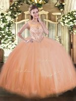 Peach Tulle Lace Up Quinceanera Dress Sleeveless Floor Length Beading