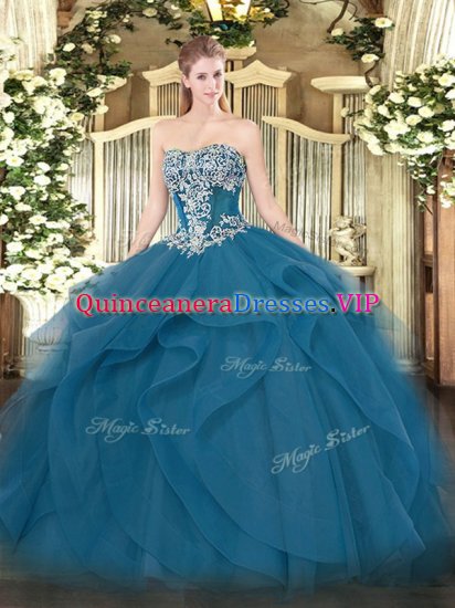 Teal Ball Gowns Strapless Sleeveless Tulle Floor Length Lace Up Beading and Ruffles Sweet 16 Dresses - Click Image to Close