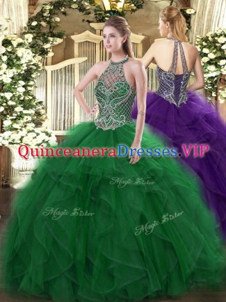 Glittering Green Organza Lace Up Sweet 16 Dresses Sleeveless Floor Length Beading and Ruffles
