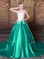 Trendy Court Train Ball Gowns Quinceanera Dress Turquoise Scoop Elastic Woven Satin Sleeveless With Train Lace Up