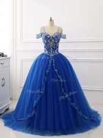 Sleeveless Beading Lace Up Quince Ball Gowns with Royal Blue Brush Train