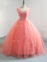 Classical Watermelon Red Tulle Lace Up V-neck Sleeveless Floor Length 15th Birthday Dress Beading