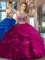 Scoop With Train Criss Cross Quince Ball Gowns Fuchsia for Military Ball and Sweet 16 and Quinceanera with Beading and Ruffles Brush Train