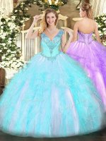 Smart Ball Gowns Ball Gown Prom Dress Aqua Blue V-neck Organza Sleeveless Floor Length Lace Up(SKU SJQDDT1253002BIZ)