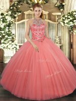 Fine Floor Length Lace Up Sweet 16 Dresses Watermelon Red for Military Ball and Sweet 16 and Quinceanera with Beading and Embroidery(SKU SJQDDT1283002-3BIZ)