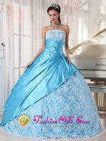 Tulsa Oklahoma/OK Sweet Strapless Aqua Blue Lace and Hand flower Decorate Quinceanera Dress For Taffeta Ball Gown