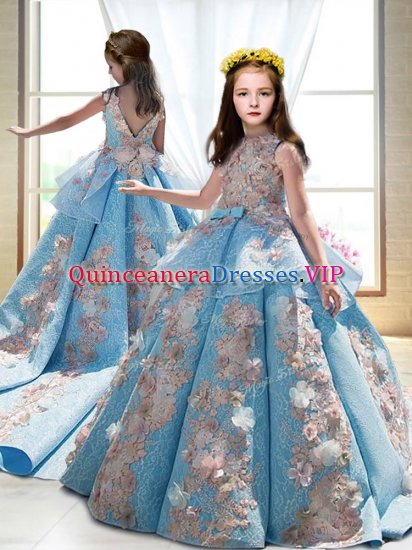 Blue Sleeveless Court Train Appliques Teens Party Dress - Click Image to Close