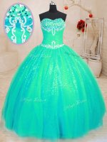 Floor Length Turquoise Vestidos de Quinceanera Tulle and Sequined Sleeveless Beading and Appliques