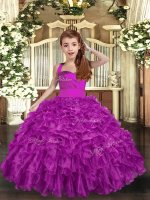 Customized Fuchsia Ball Gowns Straps Sleeveless Organza Floor Length Lace Up Ruffles and Ruching Pageant Dress for Teens
