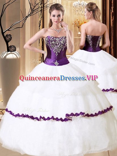 Fitting Ball Gowns Quinceanera Gowns White Strapless Organza Sleeveless Floor Length Lace Up - Click Image to Close
