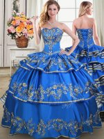 Trendy Sleeveless Taffeta Floor Length Lace Up Quinceanera Dress in Blue with Beading and Embroidery and Ruffled Layers