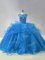 Fitting Brush Train Ball Gowns Quinceanera Gowns Blue Scoop Organza Sleeveless Lace Up