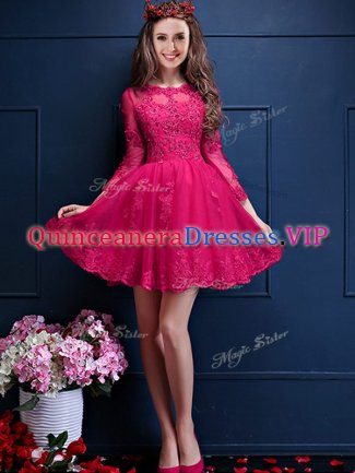 Scalloped 3 4 Length Sleeve Chiffon Quinceanera Dama Dress Beading and Lace and Appliques Lace Up