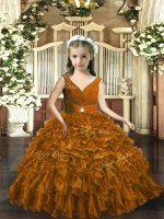 Brown Sleeveless Beading and Ruffles Floor Length Little Girls Pageant Gowns