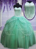 Graceful Apple Green Ball Gowns Sweetheart Sleeveless Tulle Floor Length Lace Up Beading and Sequins Quinceanera Dress