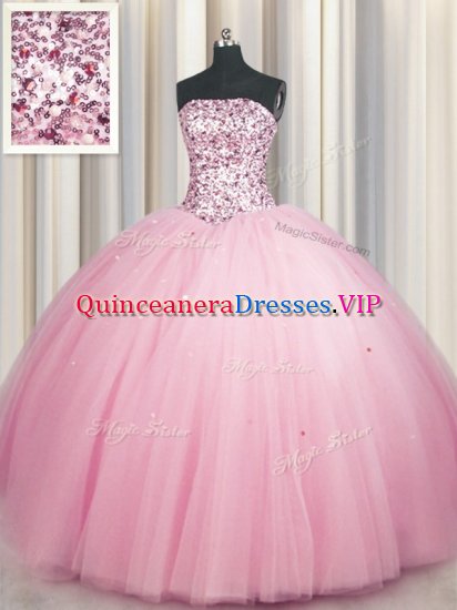 Custom Made Sequins Big Puffy Ball Gowns Sweet 16 Quinceanera Dress Pink Strapless Tulle Sleeveless Floor Length Lace Up - Click Image to Close