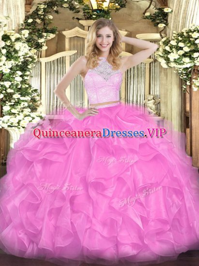 Sleeveless Floor Length Lace and Ruffles Zipper Sweet 16 Dresses with Rose Pink - Click Image to Close