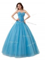 Beading and Ruching Sweet 16 Quinceanera Dress Baby Blue Lace Up Sleeveless Floor Length(SKU QMT005BIZ)