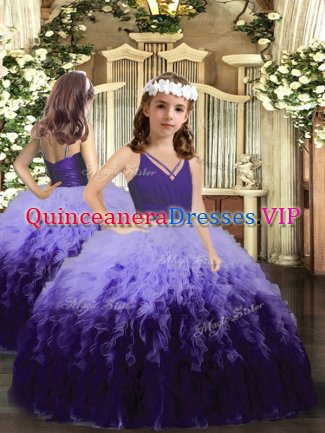 V-neck Sleeveless Tulle Little Girl Pageant Dress Ruffles Zipper