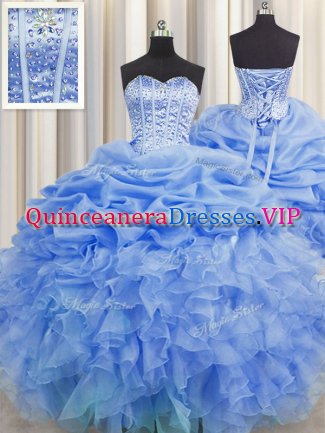 Chic Visible Boning Blue Ball Gowns Organza Sweetheart Sleeveless Beading and Ruffles and Pick Ups Floor Length Lace Up Sweet 16 Dresses
