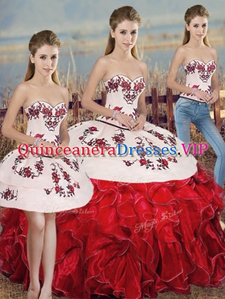 Embroidery and Ruffles and Bowknot Quinceanera Dresses White And Red Lace Up Sleeveless Floor Length