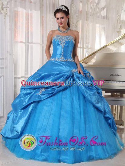 Strapless Sky Blue For Cheap Taffeta and Tulle Quinceanera Dress Appliques and Pick-ups In Lebanon New Jersey/ NJ - Click Image to Close