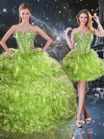 Floor Length Lace Up Quinceanera Dresses Olive Green for Military Ball and Sweet 16 and Quinceanera with Beading