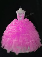 Rose Pink Ball Gowns Straps Sleeveless Organza Floor Length Zipper Beading and Ruffles and Pick Ups Quinceanera Gowns