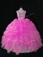 Rose Pink Ball Gowns Straps Sleeveless Organza Floor Length Zipper Beading and Ruffles and Pick Ups Quinceanera Gowns(SKU PSSW1140-4BIZ)