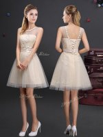 Champagne Quinceanera Dama Dress Prom and Party and Wedding Party with Beading and Lace and Appliques and Belt Scoop Sleeveless Lace Up