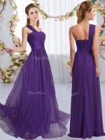 Purple Empire Chiffon One Shoulder Sleeveless Ruching Floor Length Lace Up Dama Dress(SKU BMT0421BIZ)